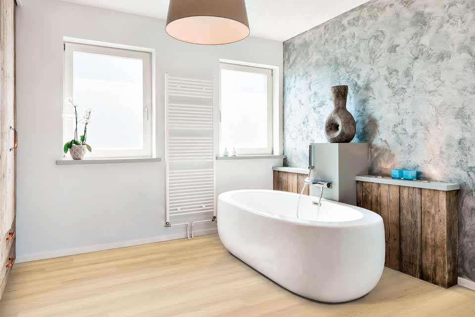 light white oak look luxury vinyl in beach house modern bathroom
